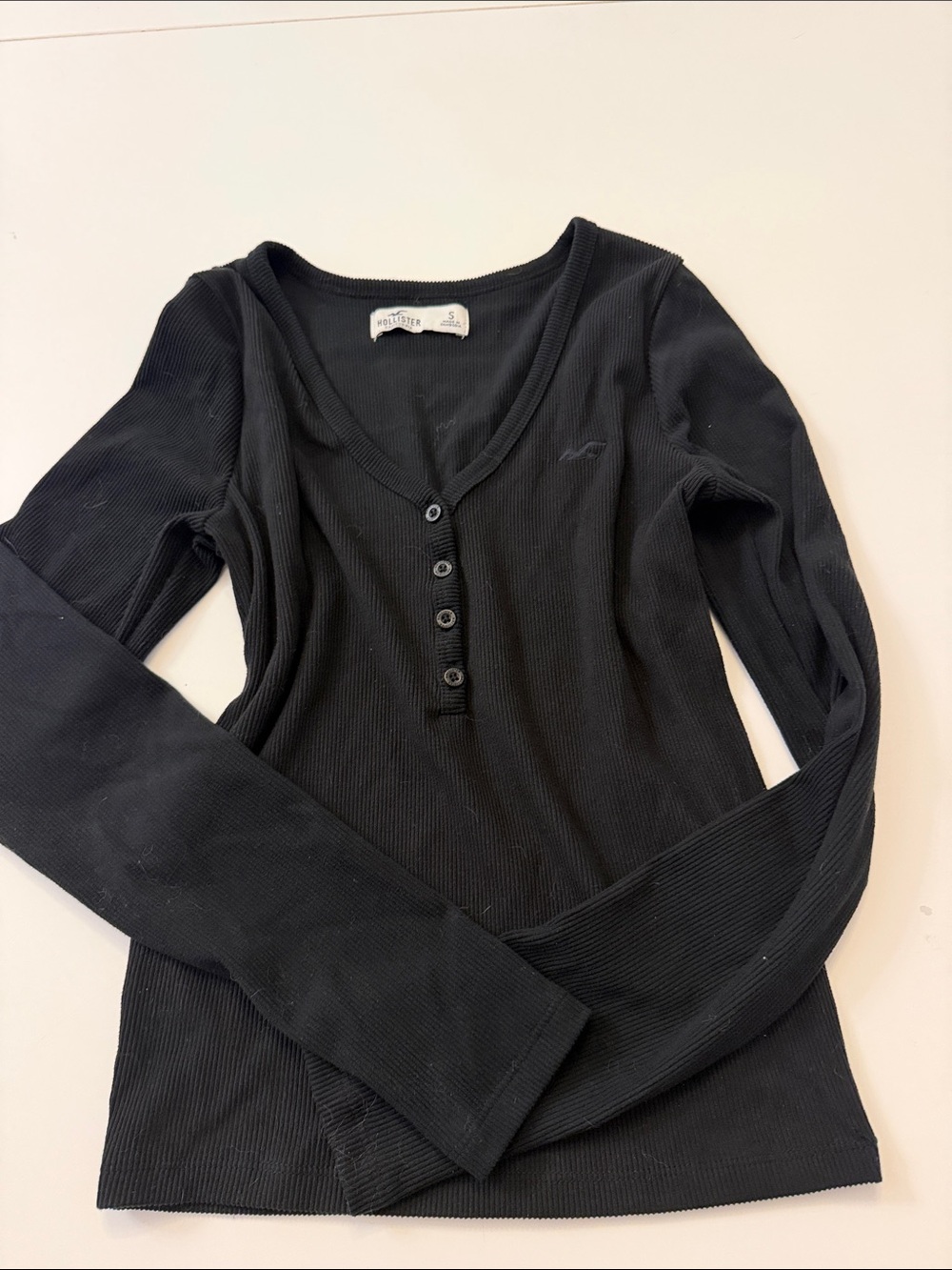 Hollister Black Ribbed Henley Long-Sleeve Top